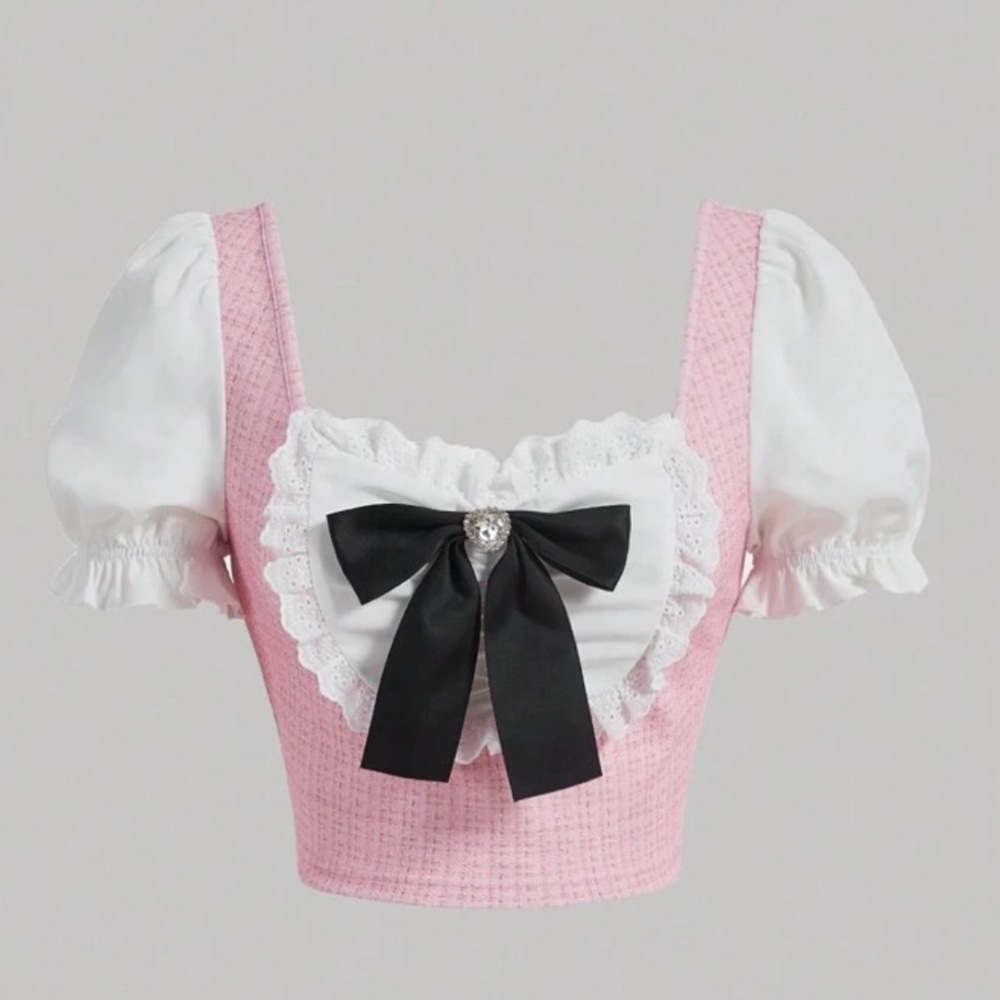 Barbie Style Pink and White Women's Top with Bow Size S